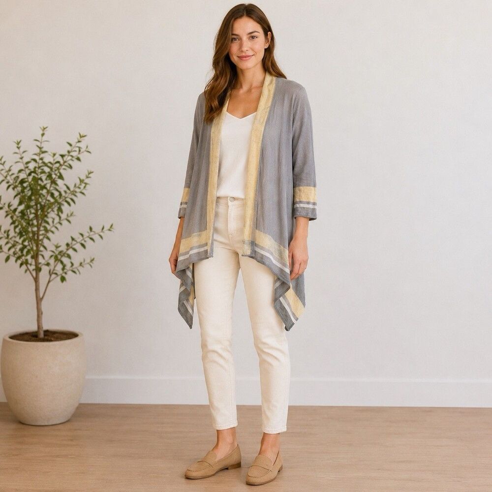 Garnet Hill 100% Linen Cardigan M Gray Beige Yellow Draped Asymmetrical